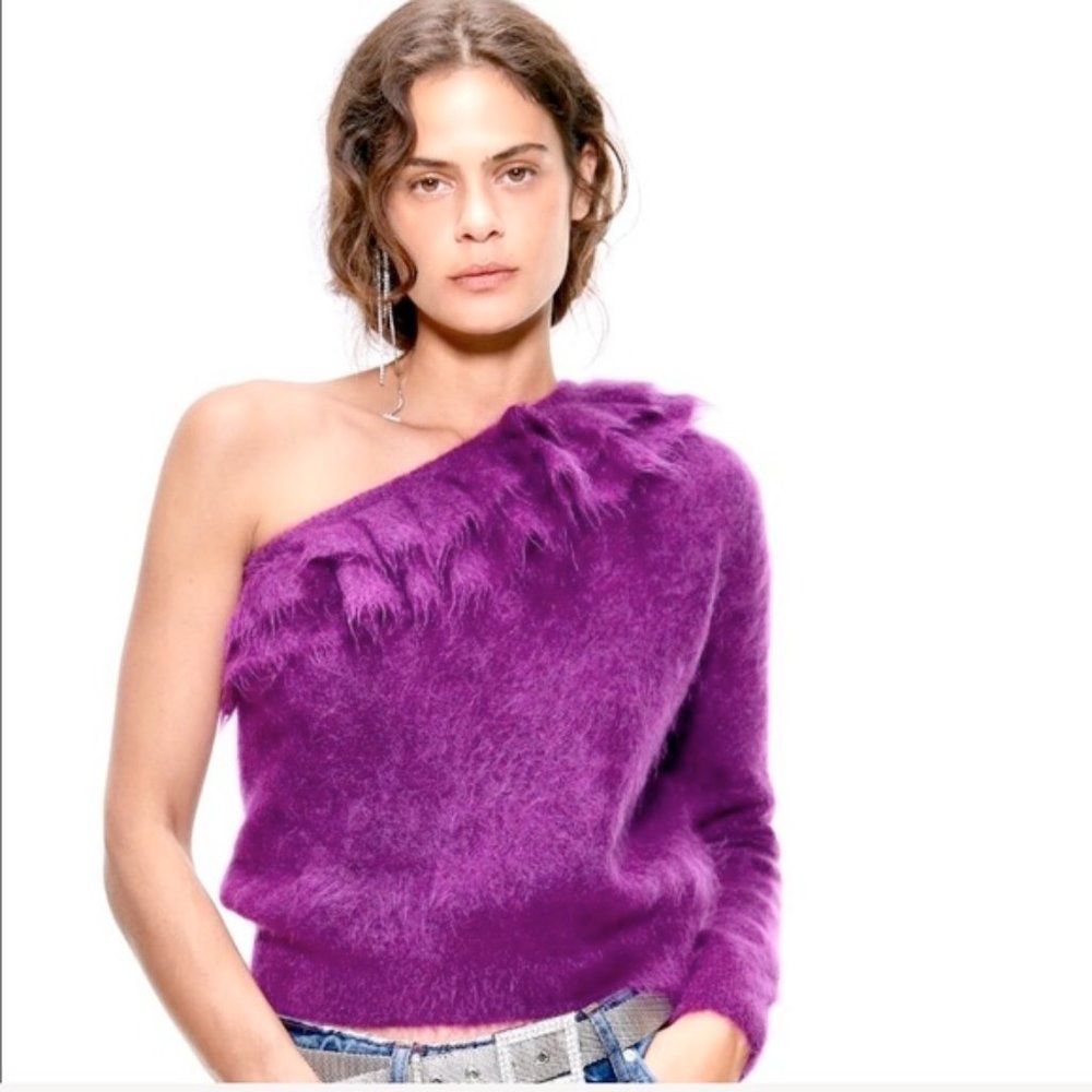 NWT ZARA Dark Purple Mohair One Shoulder with Ruffle Top/Sweater S